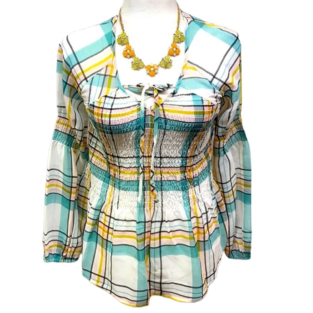 True Craft Green White Plaid Elastic Waist Blouse